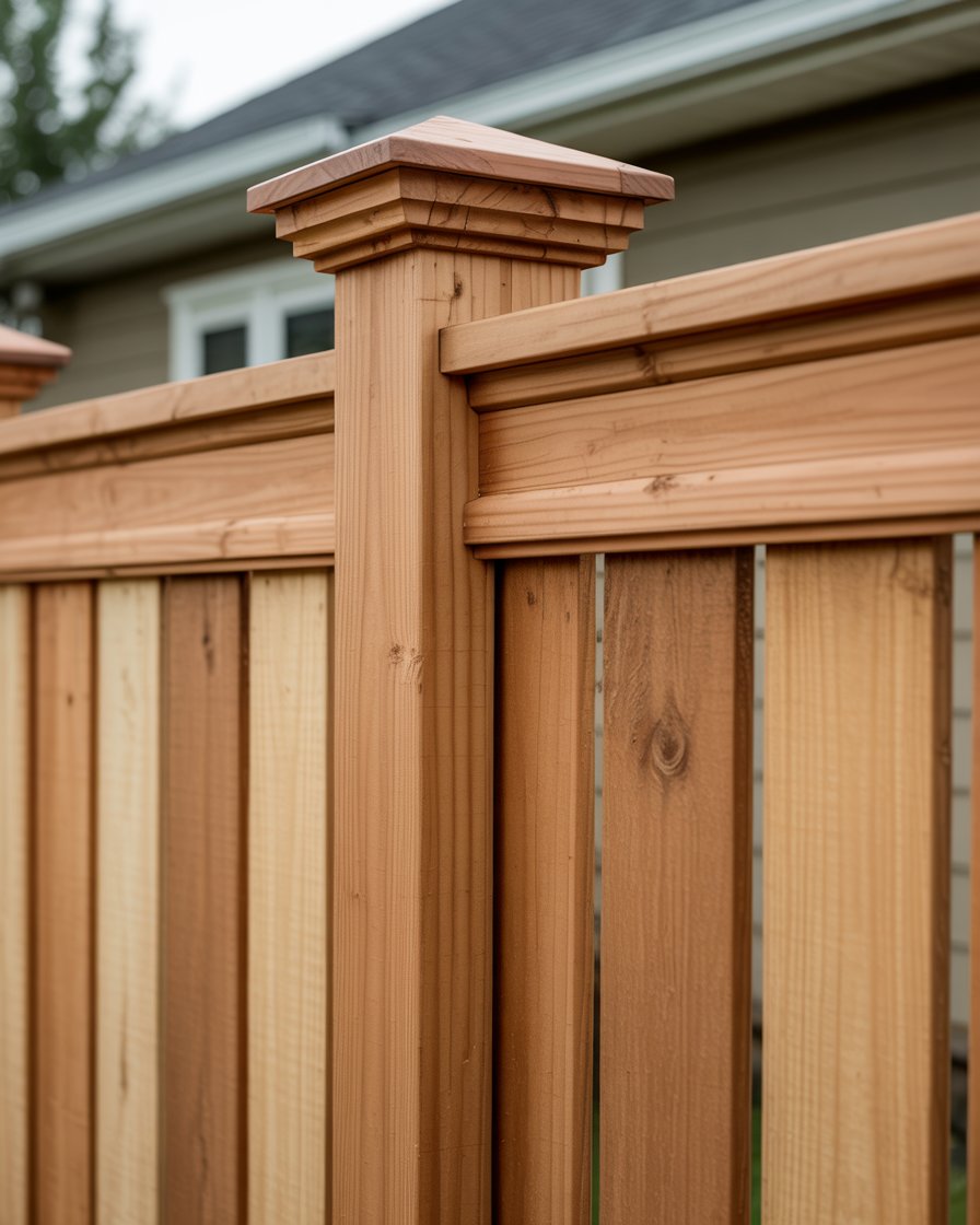 Fence cap and trim detail on wood privacy fence