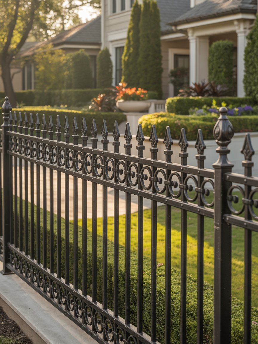 Ornamental iron driveway gate showing decorative detail